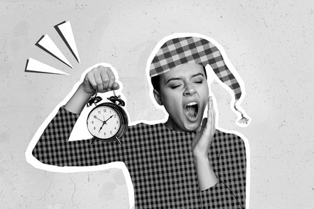 Photo collage artwork minimal picture of funny tired lady feeling tired yawning isolated drawing backgroundの写真素材