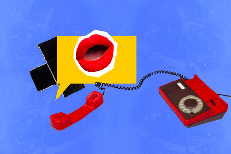 Template collage design trend artwork 3D sketch of obsolete landline phonee receive call speech cloud mouth lips message conversationの写真素材