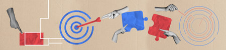 Composite art 3d panoramic image collage of business people hands cooperation point target arrow aim...