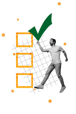 Vertical poster image collage of happy man hold check mark sign ballot paper sheet confirmation ballot election procedure rightの写真素材