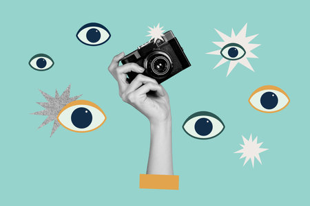 Creative photo poster trend art collage image of hand hold retro camera flash shooting eyeball stare photo-zone captureの写真素材