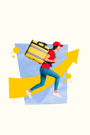 Poster image vertical photo collage of happy woman postal worker run arrow pointer carry bag merchandise delivery serviceの写真素材
