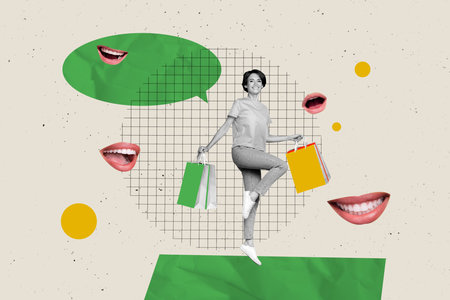 Contemporary poster trend art collage of happy girl hold packages black friday shopping bubble speech chatterbox mouth smileの写真素材