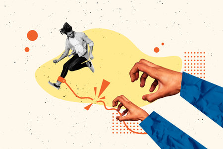 3d sketch poster trend collage image of scared man run handcuffs hands boss obey employee problem trap marionette abuse freedomの写真素材