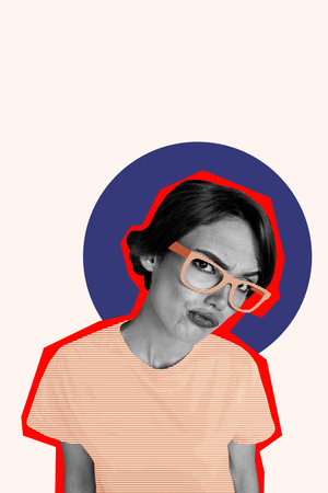 Composite trend artwork 3D sketch image photo collage of portrait silhouette young woman stand watch student eyewear emoji grimace faceの写真素材