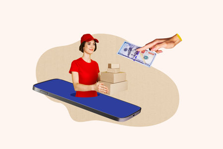 Composite photo collage of happy courier girl hold box parcel shipment peek phone screen hand dollar...