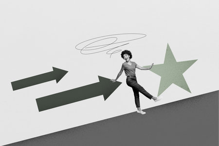 Composite photo collage of happy american businesswoman walk arrow development star rate reputation...
