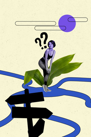 Vertical photo collage of happy sportswoman stand leaf confusion road pointer sign turn direction find isolated on painted backgroundの写真素材