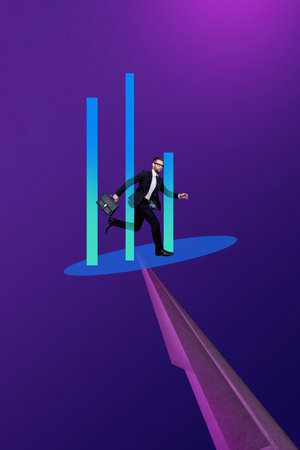 Vertical sketch 3d artwork collage poster of serious businessman run development chart success growth statistics carry briefcaseの写真素材