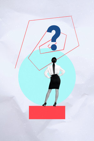 Sketch composite 3D photo collage trend artwork of young lady stand back question mind creative find answer office manager hr recruitmentの写真素材