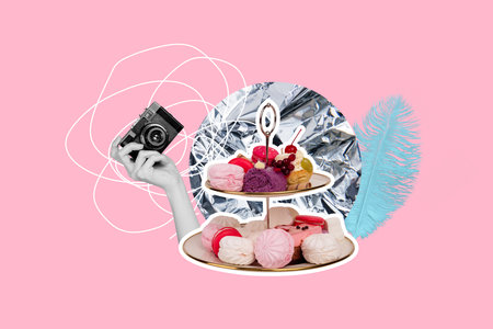 Composite art 3d creative image collage of hand hold retro camera device do photoshoot sweet dessert advertisement sweet cake candyの写真素材