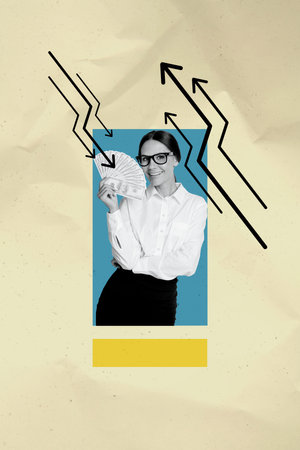 Composite 3D collage trend artwork template design of trade market wealth charts business goal young lady rich hold banknote dollarsの写真素材