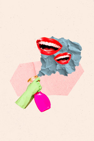 Creative poster collage of housewife use detergent cleaning smiling lips female good mood billboard comics zine minimalの写真素材