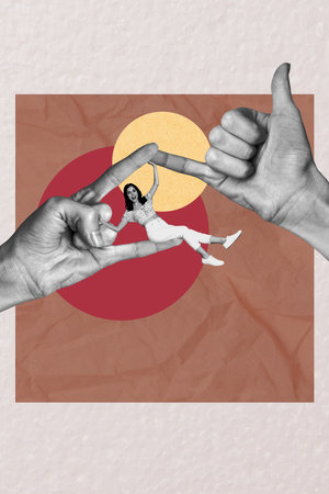 Trend artwork composite banner photo collage of body language symbol finger gesture rock shaka hand hold small size young lady sit smileの写真素材