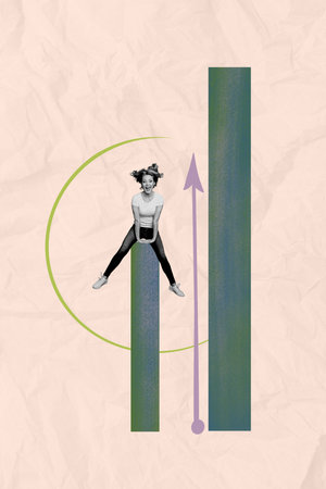 Vertical sketch 3d artwork collage poster of excited businesswoman jump arrow pointer development...
