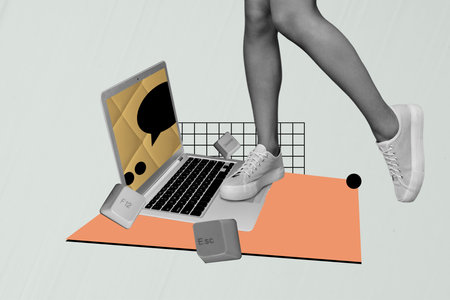 Composite trend artwork sketch image photo collage of laptop display stats trader business legs stand shoes laptop keyboard typeの写真素材