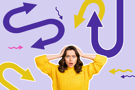 Composite art 3d creative image collage of confused girl arrow pointer chaos turn direction workload success unbelievable conceptの写真素材