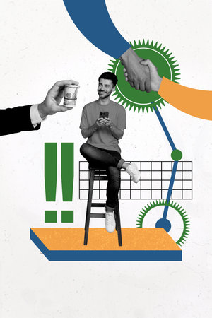 Composite trend artwork 3D sketch image photo collage of money dollar business usd time lock young guy work laptop jump stats successの写真素材