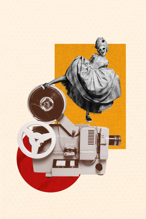 Trend artwork composite 3D photo collage design of vintage aristocratic court powdered wig feather young lady dance movie film tape toolの写真素材