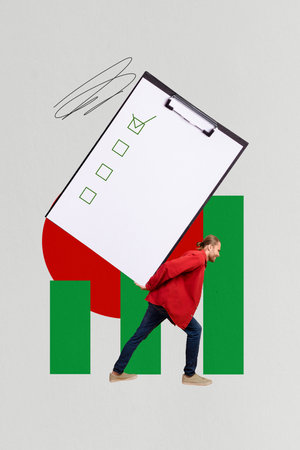 Composite 3D collage trend artwork template design of office human resources job manager young man walk carry huge document contractの写真素材