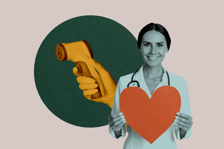 Exclusive sketch collage of happy doctor girl hold heart icon cardiologist worker hand hold thermometer measure fever covidの写真素材