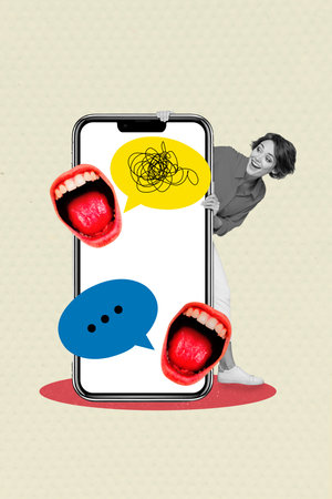 Composite 3D collage trend artwork template design of smartphone display message speech bubble...