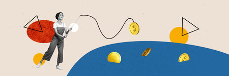 Composite panoramic art 3d image collage of excited businesswoman hold fishing-rod catch dollar coin income golden money chanceの写真素材