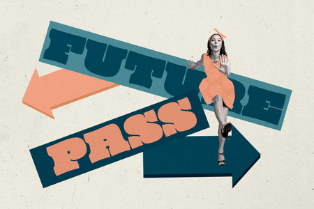 Contemporary poster trend art collage of happy girl wear pinup dress dance arrow pointer future past pointer modern vs retro partyの写真素材