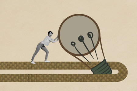 Creative exclusive poster trend art collage of excited girl push light bulb electricity power success development idea finding conceptの写真素材