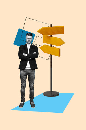 Banner vertical photo trend image collage of serious man crossed hands stand road sign direction find lost dilemma pointerの写真素材