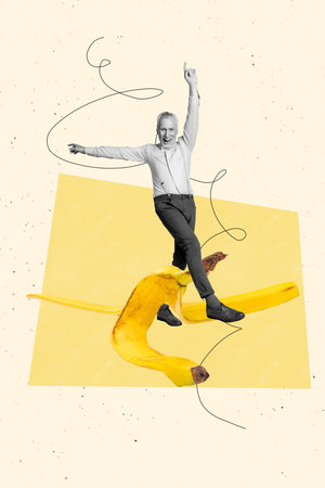 Poster image vertical photo collage of happy old man slip banana peel damage pollution eco problem tropical fruit leftoversの写真素材