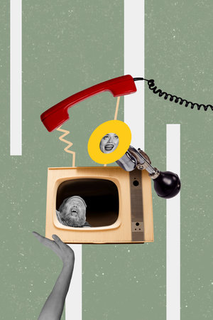 Creative artwork template sketch image 3D collage of hand hold vintage television landline phone talk speech man scream woman face hornの写真素材