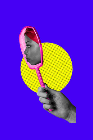 3D collage trend artwork composite sketch poster of hand hold decorative vintage mirror reflect african woman face beauty salon headwearの写真素材