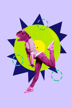 Exclusive image vertical photo collage of anonym girl wear dino avatar rex predator vinyl disk music discotheque club soundtrackの写真素材