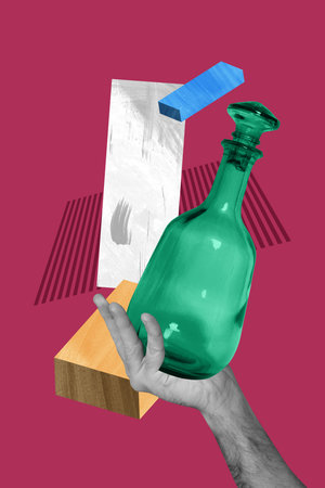 3D collage trend artwork composite sketch poster of anonymous hand hold decorative bottle glass container green color package liquidの写真素材