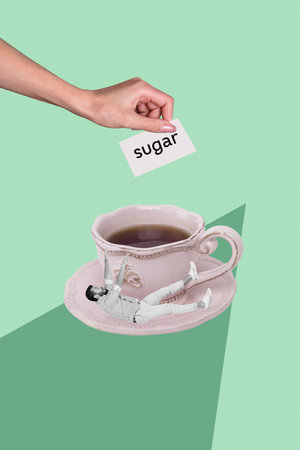 Vertical art banner collage of astonished man lay saucer coffee cup hand pour sweet sugar americano herbal tea beverage on green backgroundの写真素材