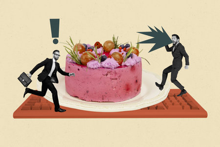 Composite photo collage of two happy serious business partners men run cake birthday party...