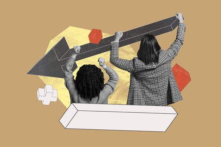 Composite 3D photo collage design trend sketch of two young lady stand back hands up motivation...