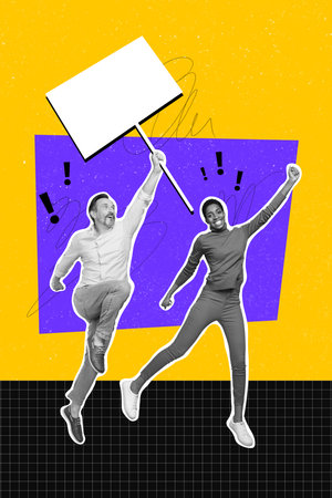 Vertical art creative trend collage of two happy slavic man american girl hold picket revolution procedure election power fist gestureの写真素材