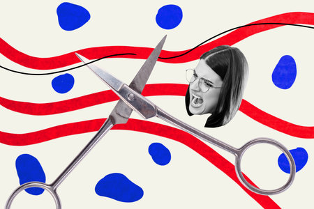 Sketch image artwork composite 3D photo collage of bodyless head woman bad mood scream angry huge...