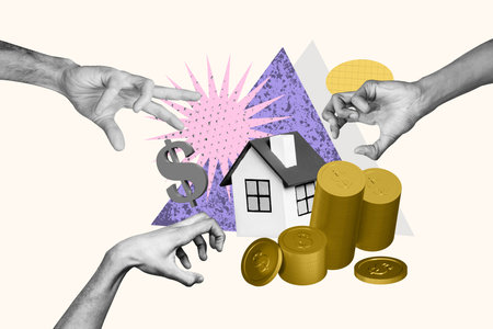 3D collage design composite trend artwork sketch of three huge hand gesture catch grab earnings money home rent rouse mortgage real estateの写真素材