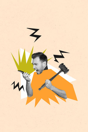 Composite artwork photo collage template sketch of young guy head hand hold smartphone scream judgment hammer rights government guiltの写真素材