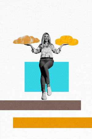 Template collage design trend artwork 3D sketch of young woman stand hand hold croissant show wealth...