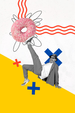 Trend artwork banner sketch 3D photo collage of aged man style suit funny dance leg up hold donut...