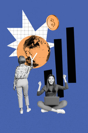 Composite trend artwork sketch collage of young lady aged woman trader presentation work colleagues money earnings funds laptop earthの写真素材