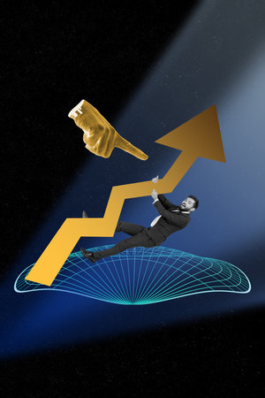 Vertical art banner collage of happy man hang arrow development success growth hand point cyberspace...