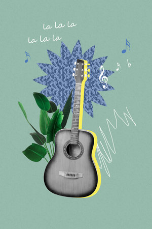 Vertical art banner collage of retro acoustic classic guitar instrument music studio performance leaves plant treble clef noteの写真素材