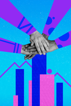 Vertical photo collage of business people hands high five gesture cooperation team building concept...