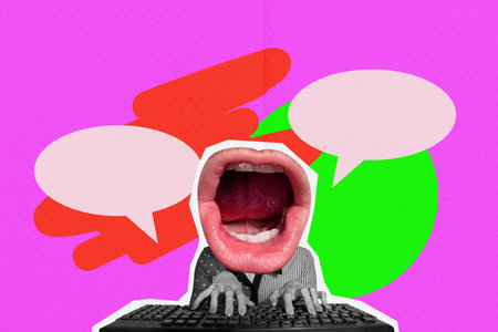 Art sketch collage of anonym girl type wireless keypad tool buttons bubble cloud correspondence message sending communicationの写真素材