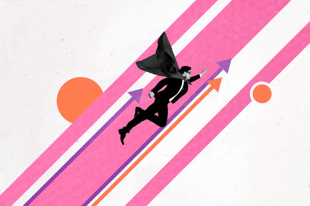 Composite art 3d creative image collage of serious man wear superhero suit fly arrow development success achievement persistenceの写真素材